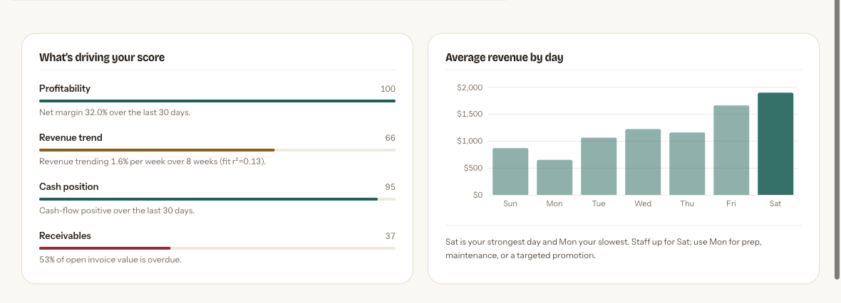 The health score breakdown showing profitability, revenue trend, cash position and receivables each scored out of 100, beside a bar chart of average revenue by day of week.